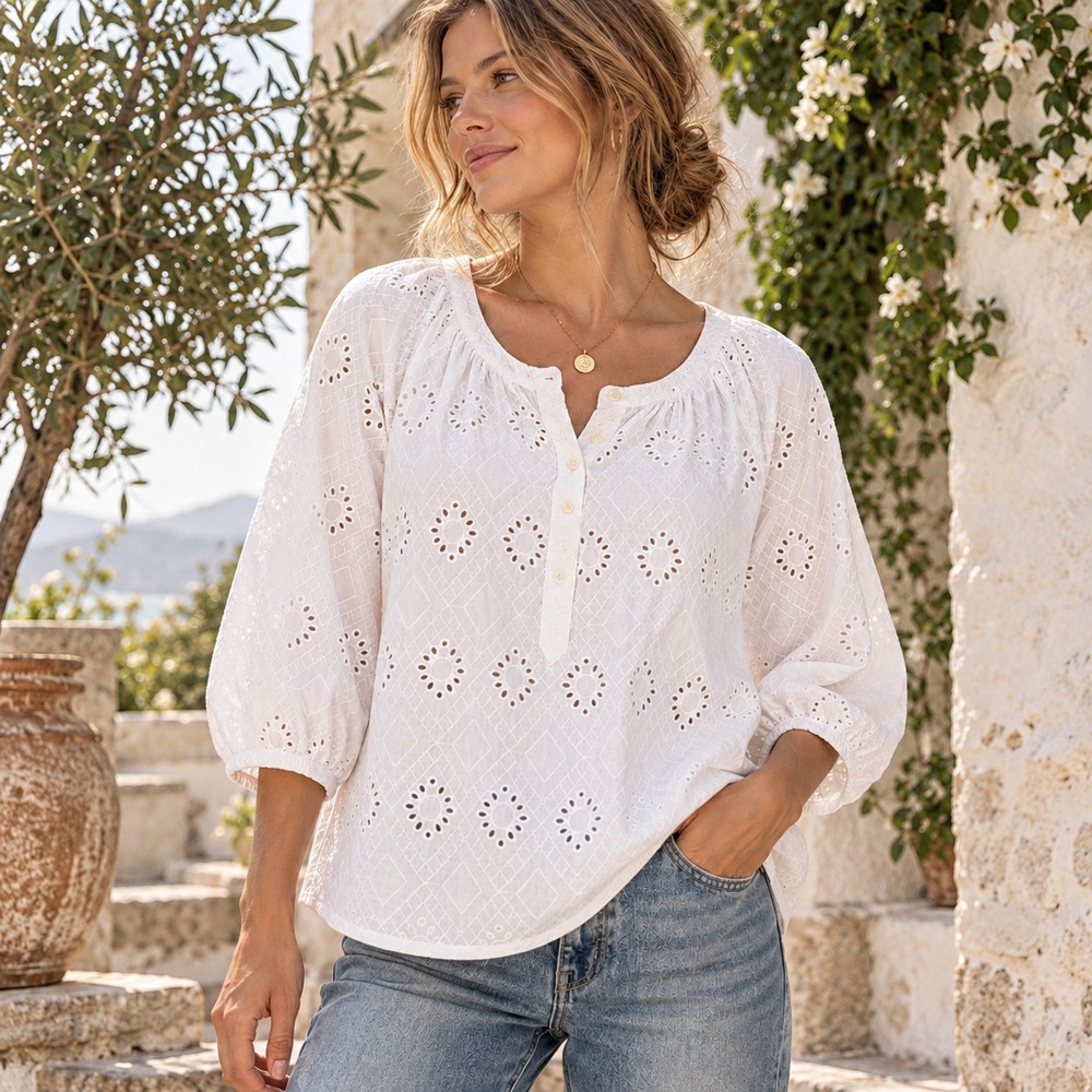 Banana Republic White Cotton Eyelet Peasant Top Sz XL Boho Romantic Ren Faire